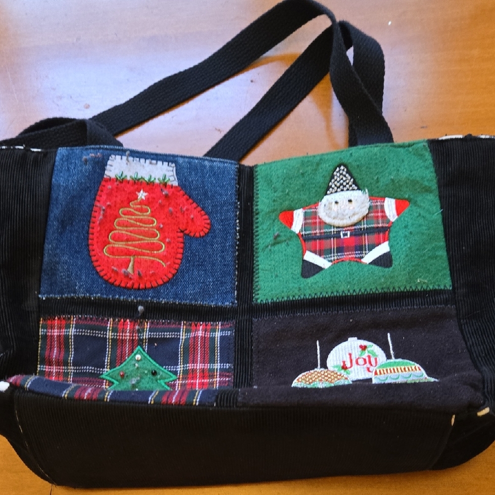 Holiday Patchwork Tote Bag in Green, Red, Black